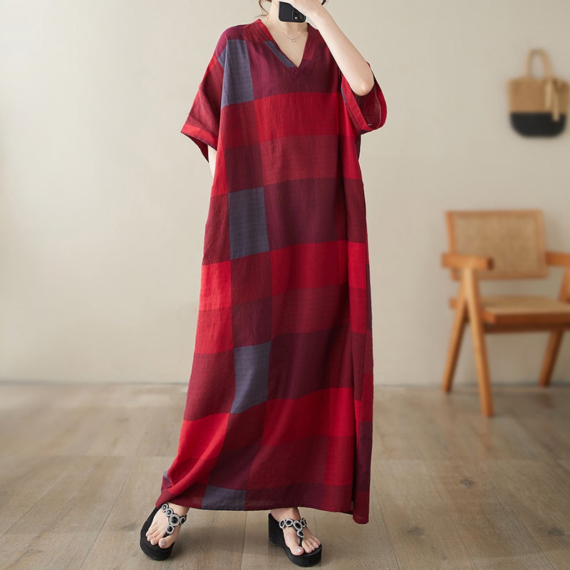 Real S 2024 Summer V-Neck Cotton Linen Large Size Loose Artistic Holiday Beach Dress Vintage Meat-Covered Long Gown - Image 4