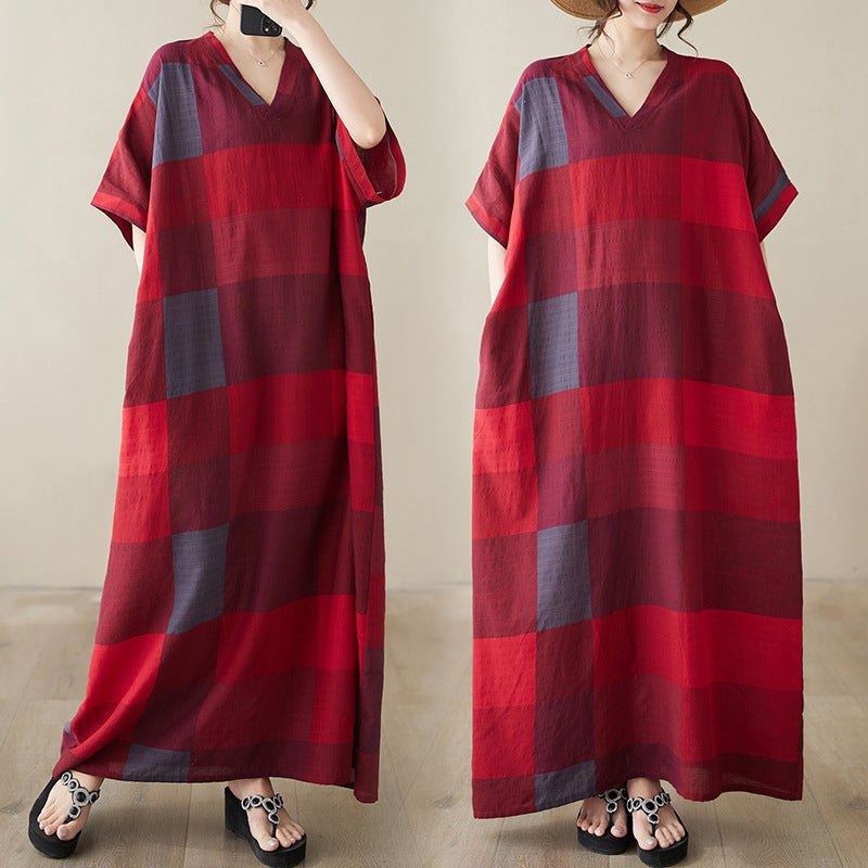 Real S 2024 Summer V-Neck Cotton Linen Large Size Loose Artistic Holiday Beach Dress Vintage Meat-Covered Long Gown - Image 3