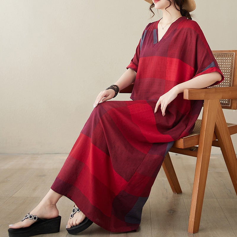 Real S 2024 Summer V-Neck Cotton Linen Large Size Loose Artistic Holiday Beach Dress Vintage Meat-Covered Long Gown - Image 1
