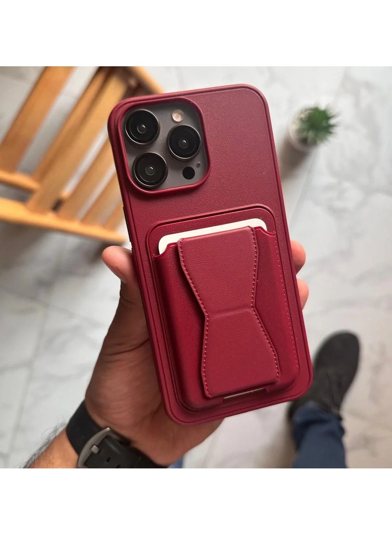 Anti-Scratch Full Body Protection With Grip Card Holder Cover Case For Iphone 15 Pro   in maroon - Image 1