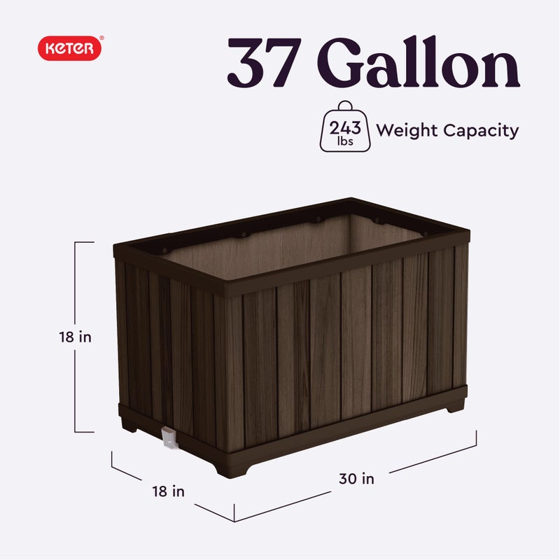 Keter Signature 21.7 Inch Tall Rectangular Large Wood Look Planter for Indoor or Outdoor Flower Pot Ideal for Patio Deck and Front Porch Decor, Rosewood - Image 2