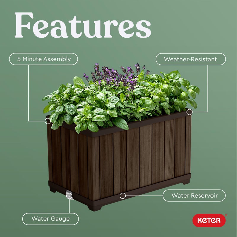 Keter Signature 21.7 Inch Tall Rectangular Large Wood Look Planter for Indoor or Outdoor Flower Pot Ideal for Patio Deck and Front Porch Decor, Rosewood - Image 4