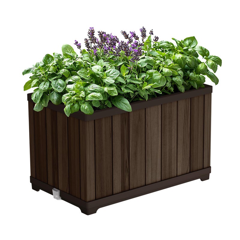 Keter Signature 21.7 Inch Tall Rectangular Large Wood Look Planter for Indoor or Outdoor Flower Pot Ideal for Patio Deck and Front Porch Decor, Rosewood - Image 1