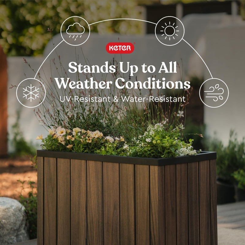 Keter Signature 21.7 Inch Tall Rectangular Large Wood Look Planter for Indoor or Outdoor Flower Pot Ideal for Patio Deck and Front Porch Decor, Rosewood - Image 3
