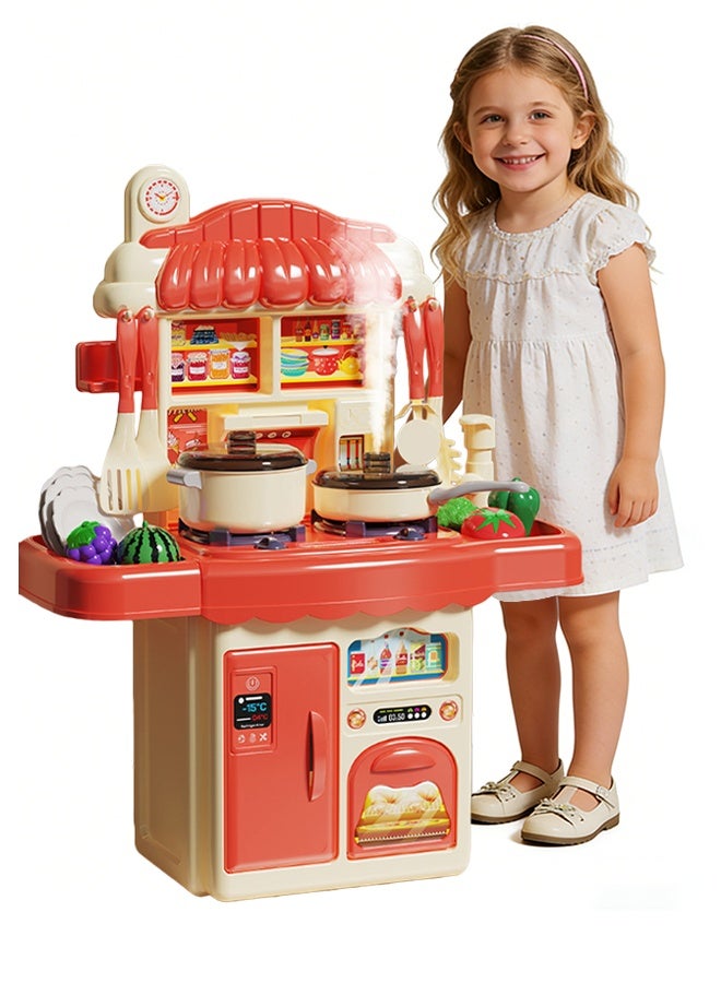 Kids Kitchen Playset Pretend Kitchen Play Food Toys with Realistic Steam Sound and Light Play Sink Realistic Simulation Kitchen Accessories Toys 33pcs Indoor Outdoor Play Cooking Toys Chef Pretend Play Set for Toddlers Age 3+ Boys Girls Red - Image 1