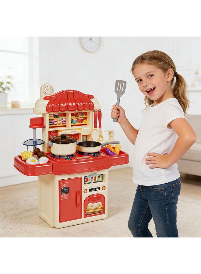 Kids Kitchen Playset Pretend Kitchen Play Food Toys with Realistic Steam Sound and Light Play Sink Realistic Simulation Kitchen Accessories Toys 33pcs Indoor Outdoor Play Cooking Toys Chef Pretend Play Set for Toddlers Age 3+ Boys Girls Red - Image 3