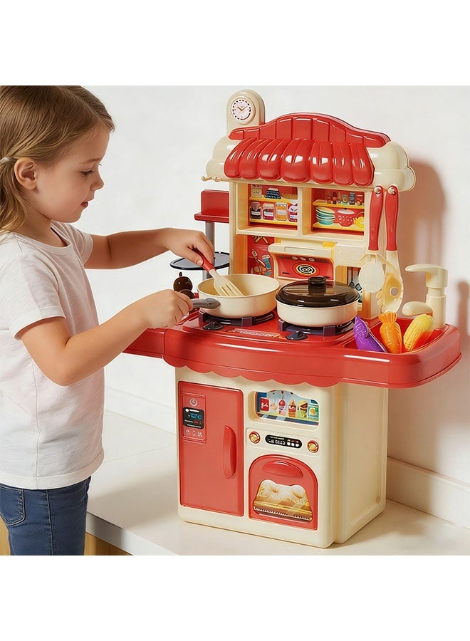 Kids Kitchen Playset Pretend Kitchen Play Food Toys with Realistic Steam Sound and Light Play Sink Realistic Simulation Kitchen Accessories Toys 33pcs Indoor Outdoor Play Cooking Toys Chef Pretend Play Set for Toddlers Age 3+ Boys Girls Red - Image 4