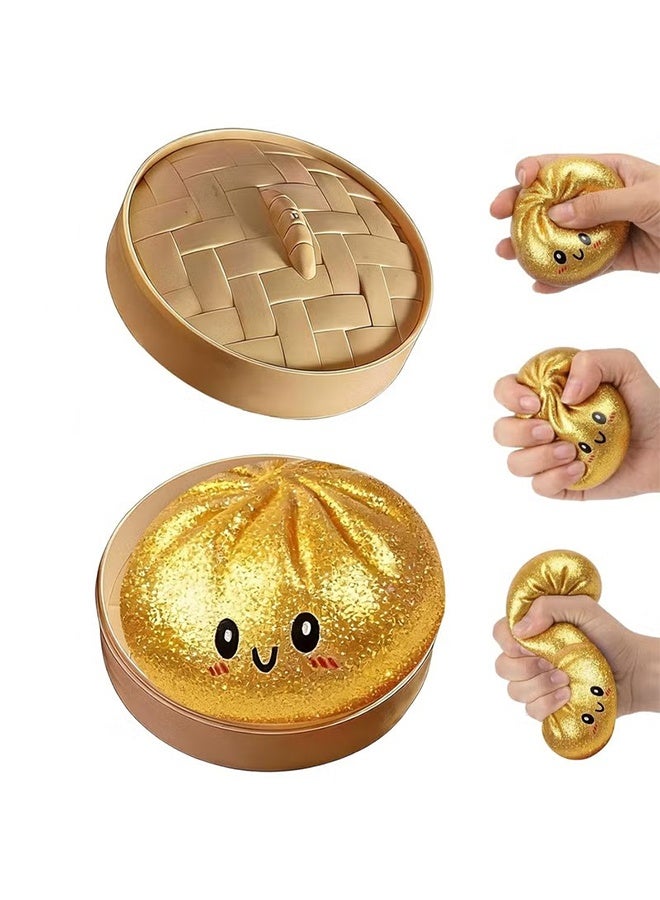 YJ Glitter Dumpling Squishy,Dumpling Squishies,Glitter Dumpling Mystery Box,Colorful Dumpling Stress Balls Fidget,Jumbo Squishy Toy with Steamer Box,Soft Squeeze Decompression Dough (Glitter Gold) - Image 1