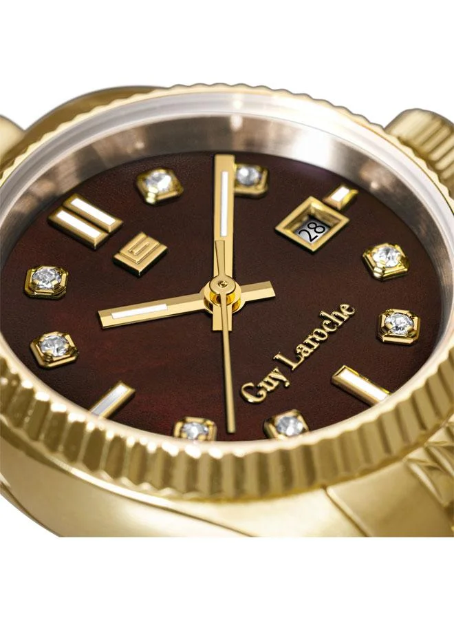 Guy Laroche Rose Brown Mother of Pearl Dial Gold Metal Bracelet Analog Watch for Women 26mm