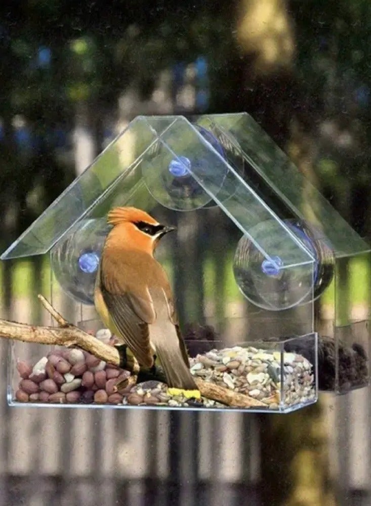 PetShow Window Hanging Seed Holder Cottage, Large Window Bird Feeder with Artificial Grass, Wild Acrylic Bird Feeder, Equipped Long Feeding Tray with Water Compartment and Perching Bar  - Image 1