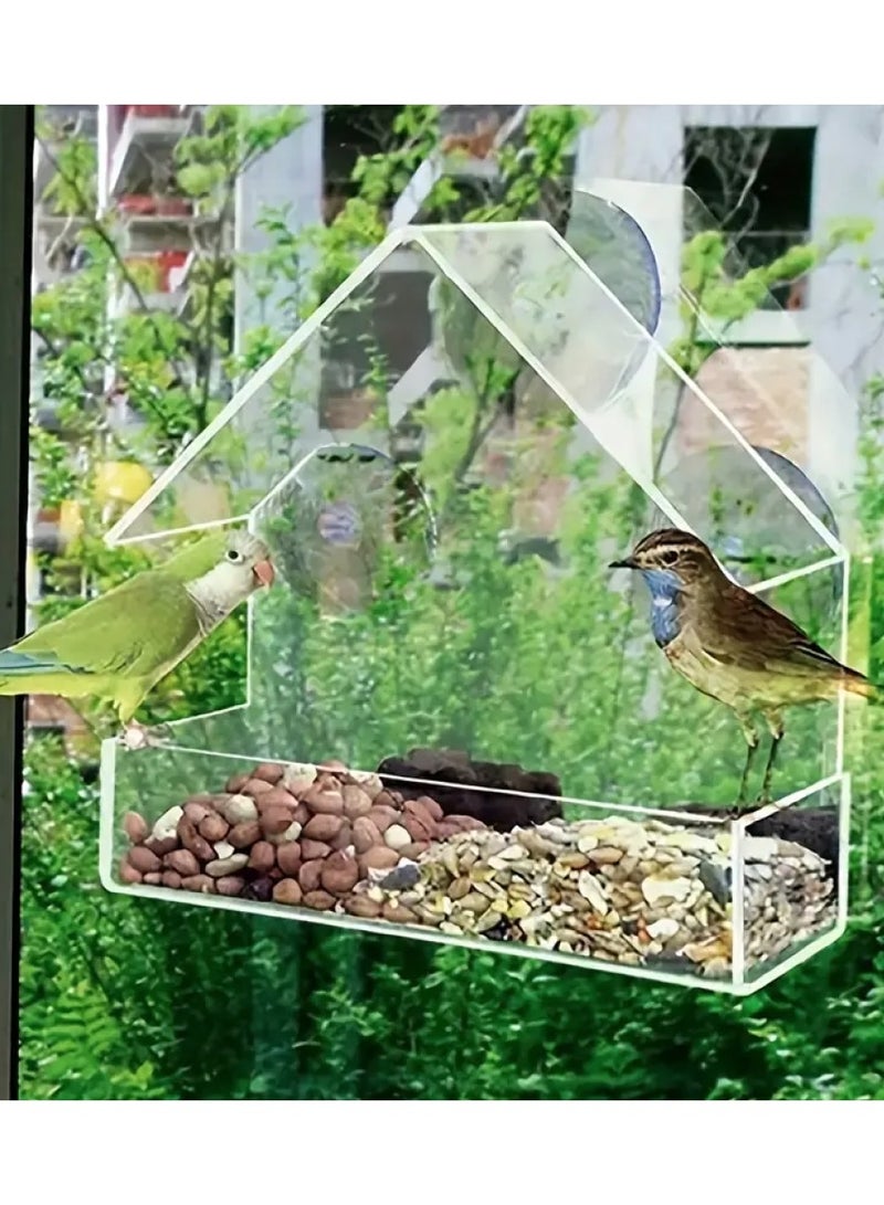 PetShow Window Hanging Seed Holder Cottage, Large Window Bird Feeder with Artificial Grass, Wild Acrylic Bird Feeder, Equipped Long Feeding Tray with Water Compartment and Perching Bar  - Image 2