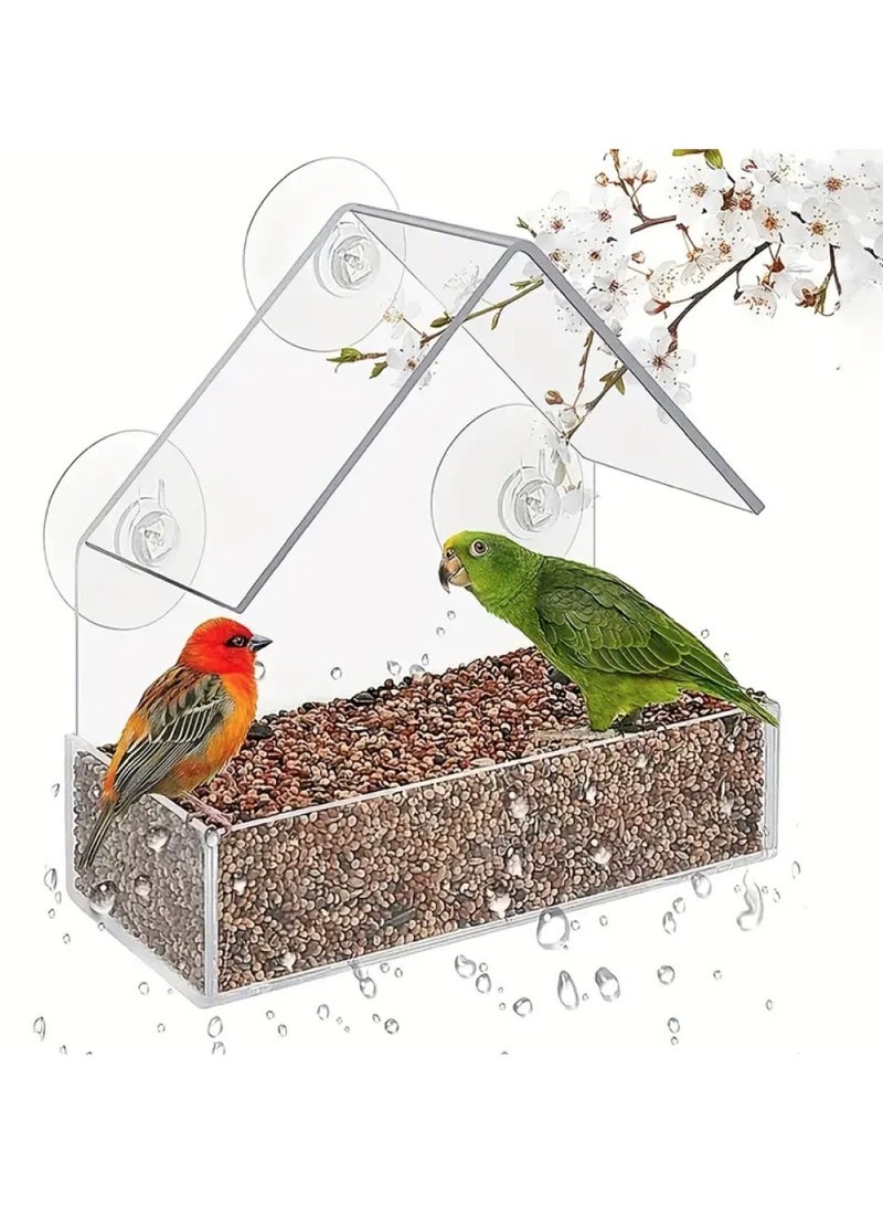 PetShow Window Hanging Seed Holder Cottage, Large Window Bird Feeder with Artificial Grass, Wild Acrylic Bird Feeder, Equipped Long Feeding Tray with Water Compartment and Perching Bar  - Image 3
