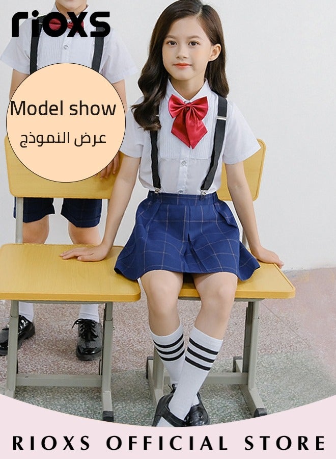 Kids Girls 5pcs Formal Dresswear Ceremony Clothing Set with Short Sleeves Shirt Bowtie Skirts Suspender and Stockings for Party Wedding Performance and Formal Occasions