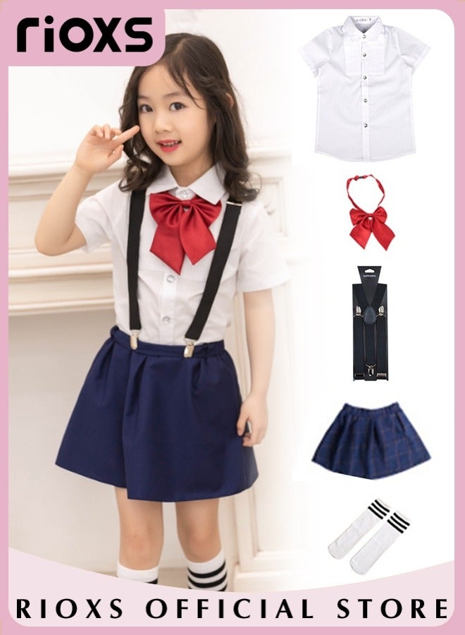 RIOXS Kids Girls 5pcs Formal Dresswear Ceremony Clothing Set with Short Sleeves Shirt Bowtie Skirts Suspender and Stockings for Party Wedding Performance and Formal Occasions  - Image 2