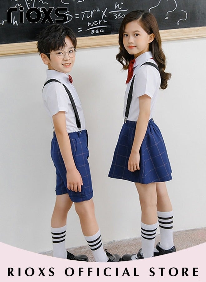 Kids Girls 5pcs Formal Dresswear Ceremony Clothing Set with Short Sleeves Shirt Bowtie Skirts Suspender and Stockings for Party Wedding Performance and Formal Occasions