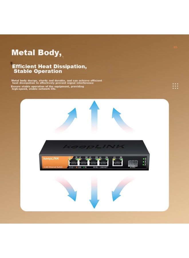 keepLiNK كيبلينك Kp-9000 محول 5 منافذ 2.5G + 1 10G بصري غير مُدار لموزع الشبكة لجهاز مودم بصري NAS - Image 2