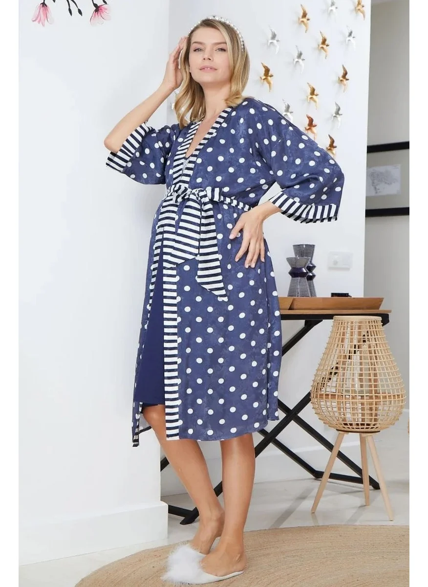 Cossy By Aqua 22546 Pregnant Maternity Three Quarter Sleeve Satin Dressing Gown-Navy Blue