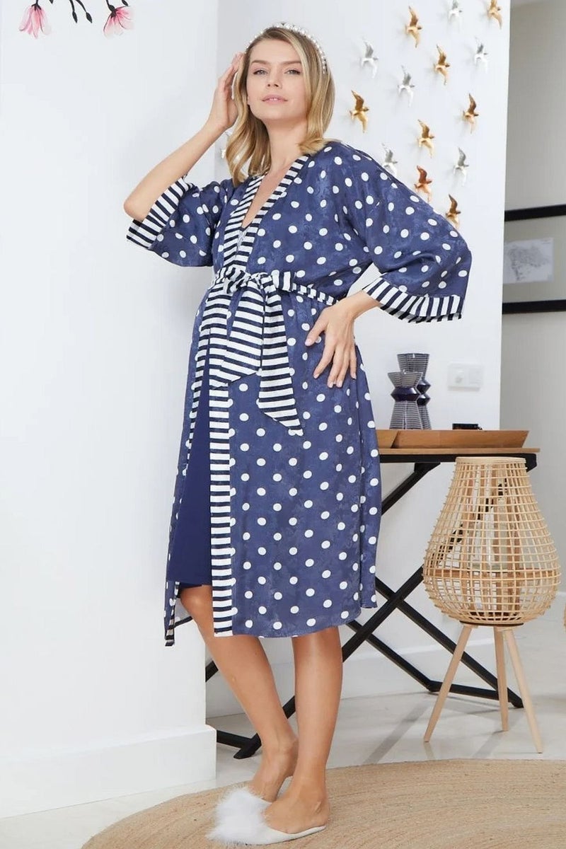 Cossy By Aqua 22546 Pregnant Maternity Three Quarter Sleeve Satin Dressing Gown-Navy Blue  - Image 1