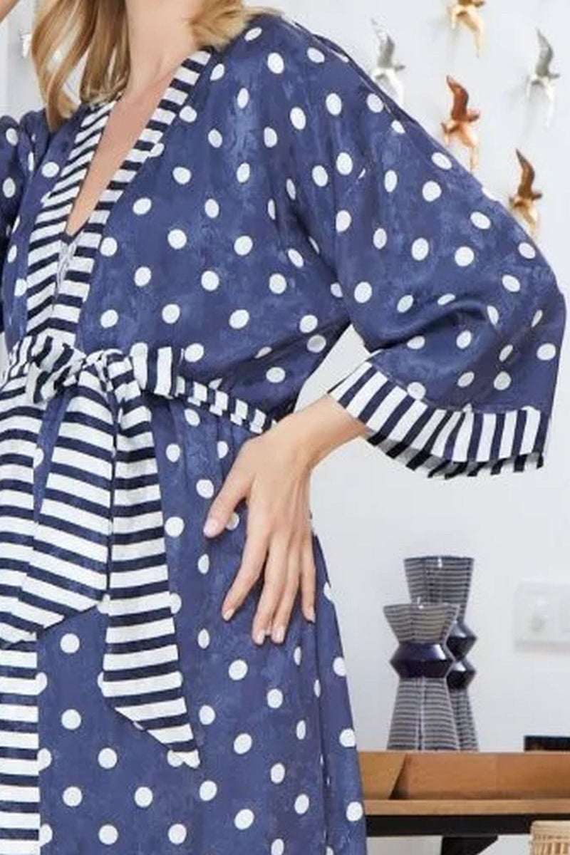 Cossy By Aqua 22546 Pregnant Maternity Three Quarter Sleeve Satin Dressing Gown-Navy Blue  - Image 3