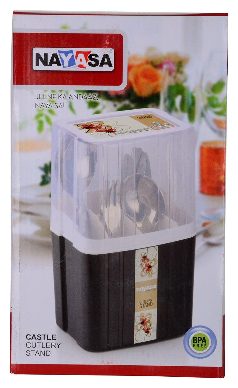 Nayasa Plastic Castle Cutlery Stand | Big | Utensils Holder with Compartments & Drip Tray | Spoon, Fork, Knife & Chopstick Organizer | Tabletop & Kitchen Storage Rack | Brown - Image 5