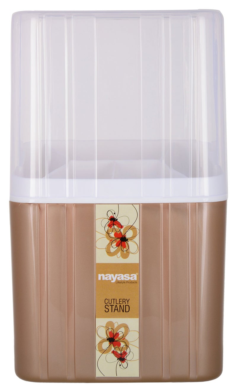 Nayasa Plastic Castle Cutlery Stand | Big | Utensils Holder with Compartments & Drip Tray | Spoon, Fork, Knife & Chopstick Organizer | Tabletop & Kitchen Storage Rack | Brown - Image 1