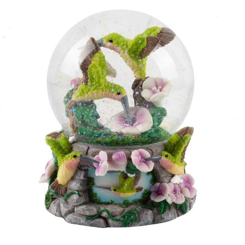 Elanze Designs Elanze Designs Green Family Flittering Hummingbirds with Purple Flowers Bird Tabletop Figurine 100MM Sturdy Glitter Water Snow Globe Plays Tune You Light Up My Life 
