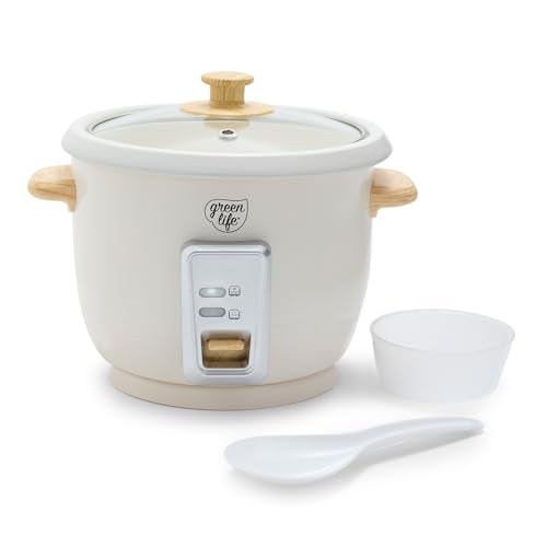GreenLife Rice Cooker with Removable PFAS-Free Nonstick Pot, 3-Cups Uncooked/6-Cups Cooked, One-Switch Design, Auto Keep Warm Function, Soup, Grains, Oatmeal, Wood Handle, Cream - Image 1