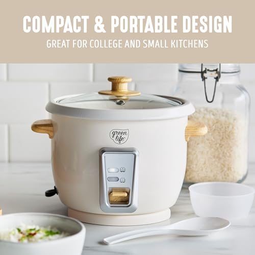 GreenLife Rice Cooker with Removable PFAS-Free Nonstick Pot, 3-Cups Uncooked/6-Cups Cooked, One-Switch Design, Auto Keep Warm Function, Soup, Grains, Oatmeal, Wood Handle, Cream - Image 4