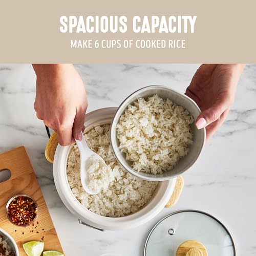 GreenLife Rice Cooker with Removable PFAS-Free Nonstick Pot, 3-Cups Uncooked/6-Cups Cooked, One-Switch Design, Auto Keep Warm Function, Soup, Grains, Oatmeal, Wood Handle, Cream - Image 2