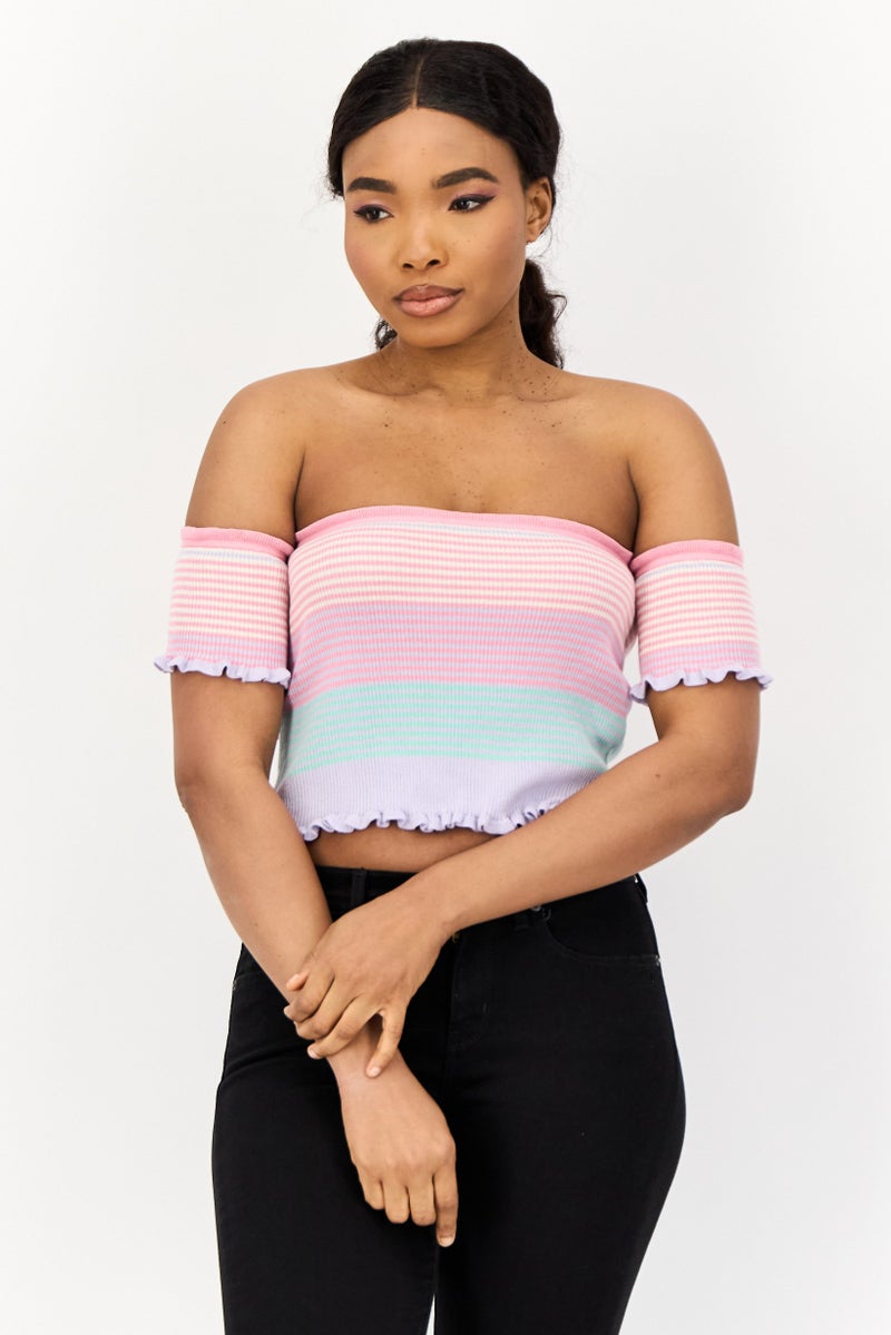 ONLY بلوزة نسائية بأكتاف باردة وخطوط ملونة، عنق مستقيم - Image 1