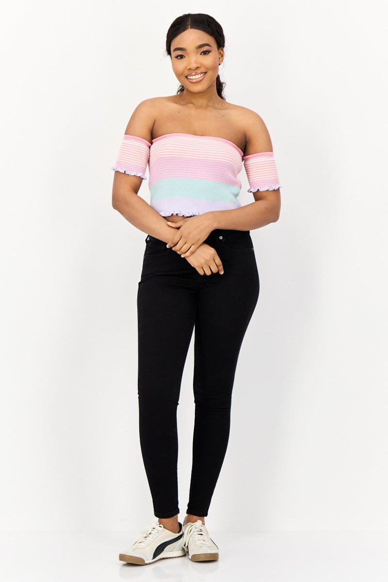 ONLY بلوزة نسائية بأكتاف باردة وخطوط ملونة، عنق مستقيم - Image 4