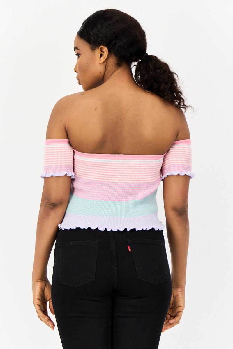 ONLY بلوزة نسائية بأكتاف باردة وخطوط ملونة، عنق مستقيم - Image 3