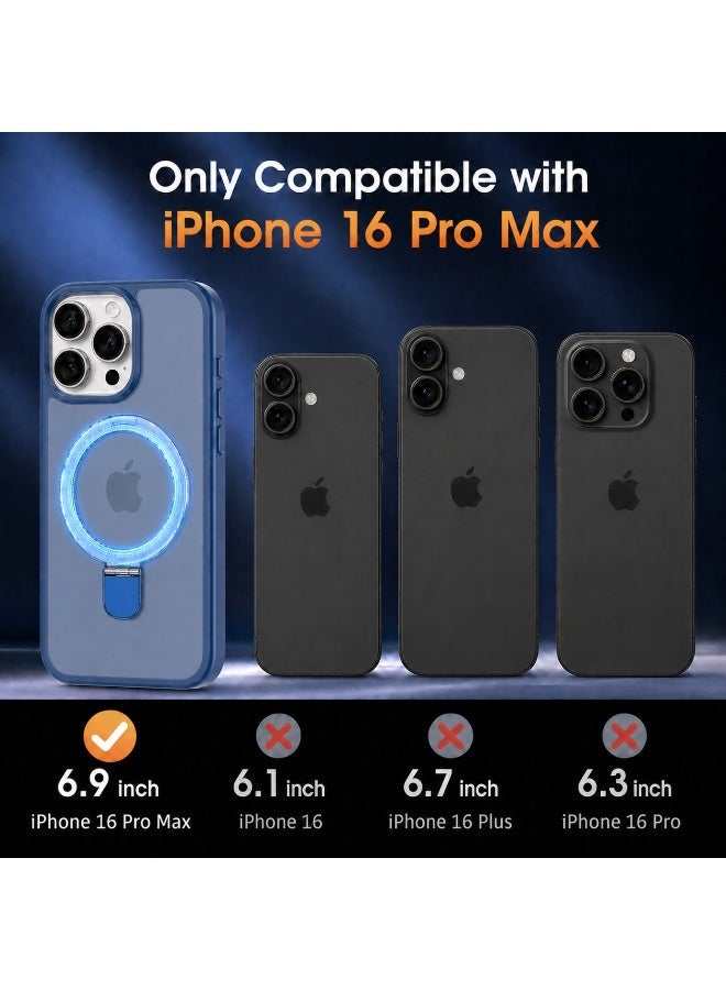 حافظة بحامل حلقي مغناطيسي لهاتف iPhone 16 Pro Max مقاس 6.9 بوصة، غطاء شبه شفاف مطفي مقاوم للصدمات مع 3 واقيات لعدسات الكاميرا، أزرق - Image 2