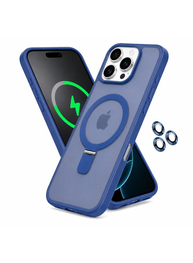 حافظة بحامل حلقي مغناطيسي لهاتف iPhone 16 Pro Max مقاس 6.9 بوصة، غطاء شبه شفاف مطفي مقاوم للصدمات مع 3 واقيات لعدسات الكاميرا، أزرق - Image 1