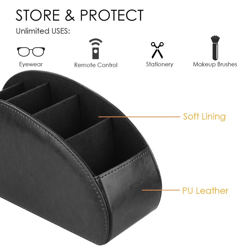 SITHON Remote Control Holder with 5 Compartments - PU Leather Remote Caddy Desktop Organizer Store TV, DVD, Blu-Ray, Media Player, Heater Controllers, Black - Image 2