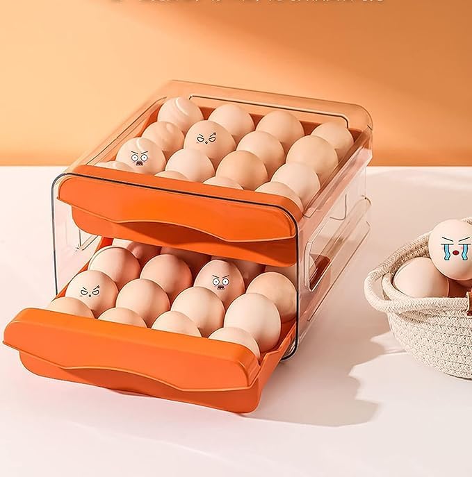 Home-Cloud HomeCloud Plastic 32 Grid Large Capacity Drawer Type Egg Holder/Egg Tray/Household Egg Fresh Storage Box/Multi-Layer Chicken Egg Storage Container (Orange_32 grid) - Image 1