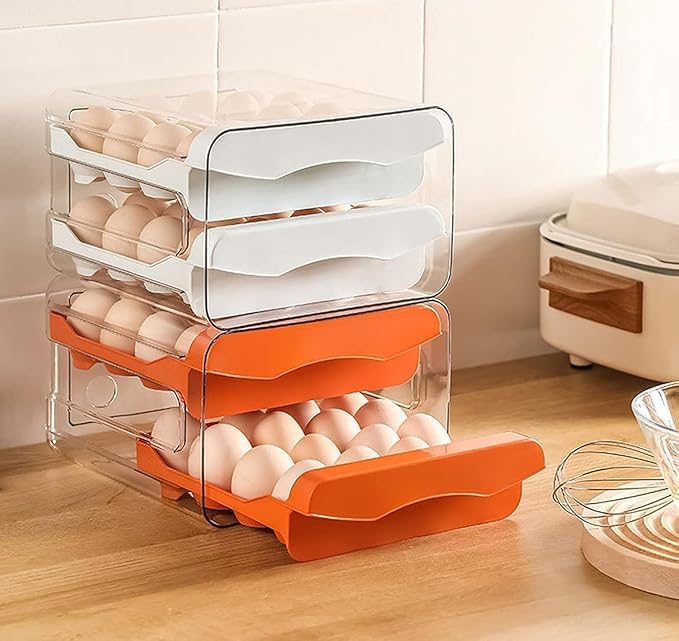 Home-Cloud HomeCloud Plastic 32 Grid Large Capacity Drawer Type Egg Holder/Egg Tray/Household Egg Fresh Storage Box/Multi-Layer Chicken Egg Storage Container (Orange_32 grid) - Image 3