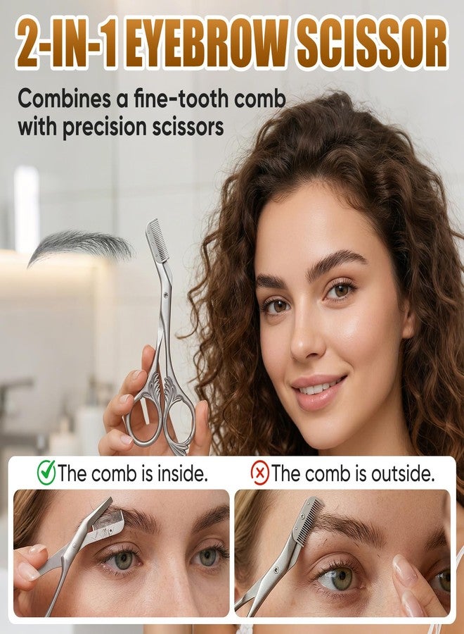 Eyebrow Trimming Scissors with Combs, Stainless Steel Eyebrow Scissors, Eyebrow Grooming Tools for Men and Women (Gray) - Image 2