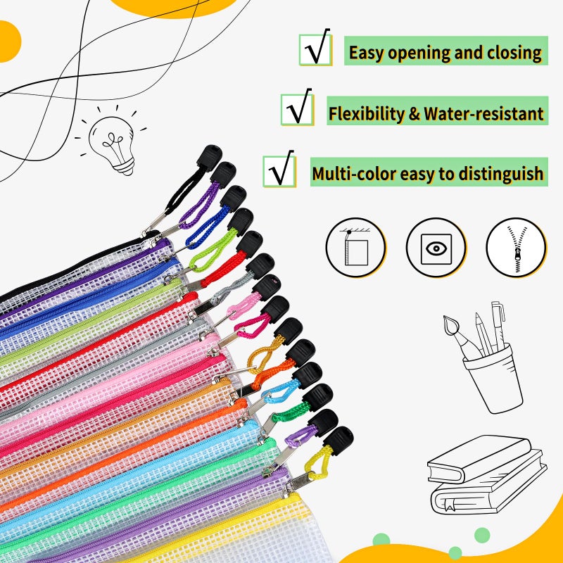 EOOUT 14pcs Zip Pouch Organizers, Mesh Bags with Zipper, 8 Sizes 14 Colors, Waterproof, for Travel, School, Office & Home - Image 3