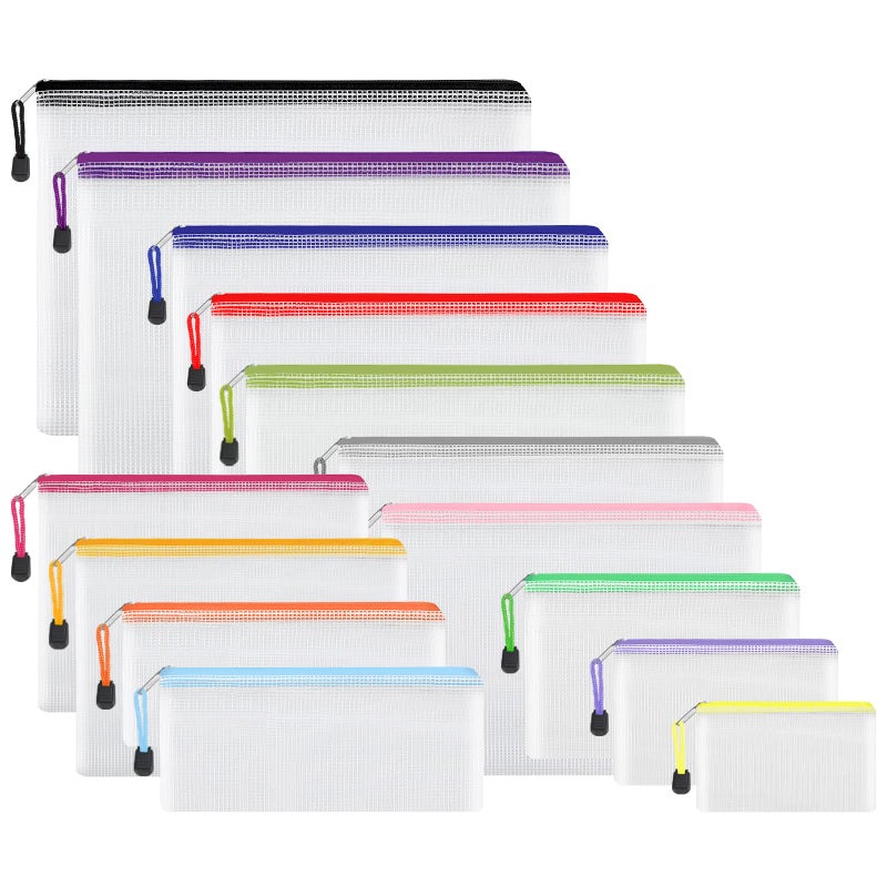 EOOUT 14pcs Zip Pouch Organizers, Mesh Bags with Zipper, 8 Sizes 14 Colors, Waterproof, for Travel, School, Office & Home - Image 1