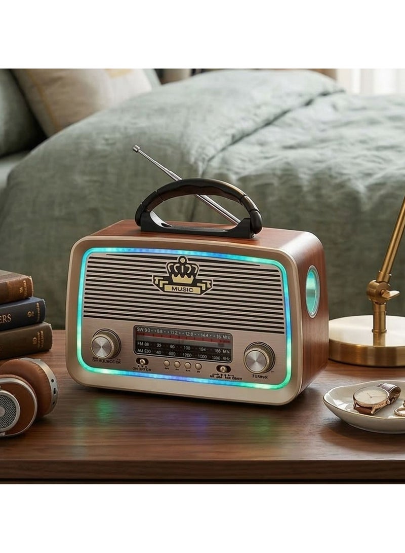راديو محمول HI-FI بثلاث قنوات FM - AM - SW ذهبي/بني/أسود بلوتوث AUX بطاقة TF قرص فلاش USB - Image 3