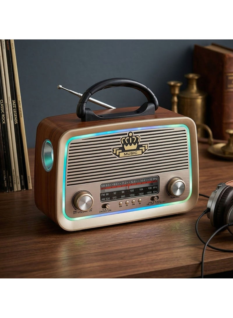 راديو محمول HI-FI بثلاث قنوات FM - AM - SW ذهبي/بني/أسود بلوتوث AUX بطاقة TF قرص فلاش USB - Image 4