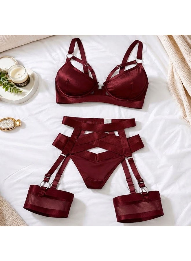 MARGOUN Women's 4-Piece Strappy Lingerie Set with Garter Belt, Underwire Strappy Bra, Cutout High-Waisted Cincher, Thong, and Thigh-High Stockings Exotic Underwear Ensemble - Red - Image 4