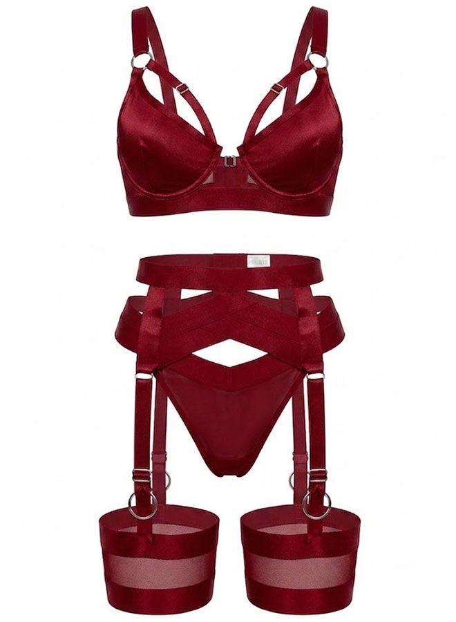 MARGOUN Women's 4-Piece Strappy Lingerie Set with Garter Belt, Underwire Strappy Bra, Cutout High-Waisted Cincher, Thong, and Thigh-High Stockings Exotic Underwear Ensemble - Red - Image 3