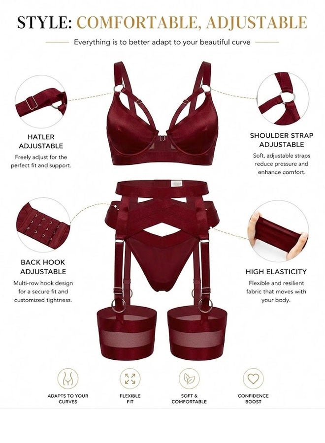 MARGOUN Women's 4-Piece Strappy Lingerie Set with Garter Belt, Underwire Strappy Bra, Cutout High-Waisted Cincher, Thong, and Thigh-High Stockings Exotic Underwear Ensemble - Red - Image 5