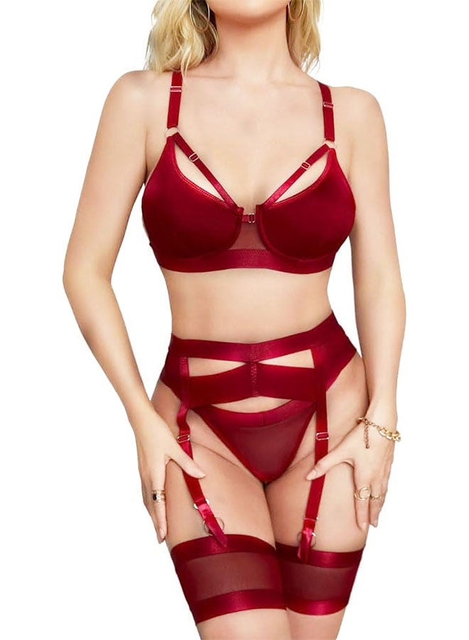 MARGOUN Women's 4-Piece Strappy Lingerie Set with Garter Belt, Underwire Strappy Bra, Cutout High-Waisted Cincher, Thong, and Thigh-High Stockings Exotic Underwear Ensemble - Red - Image 1