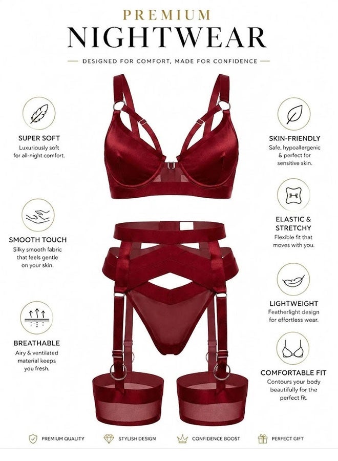 MARGOUN Women's 4-Piece Strappy Lingerie Set with Garter Belt, Underwire Strappy Bra, Cutout High-Waisted Cincher, Thong, and Thigh-High Stockings Exotic Underwear Ensemble - Red - Image 2
