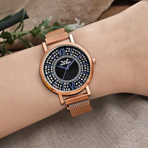 LOUIS DEVIN Rose Gold Plated Mesh Chain Analog Wrist Watch for Women (Black Dial) |LD-RG194-BLK - Image 2