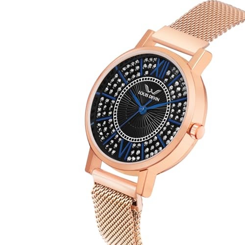 LOUIS DEVIN Rose Gold Plated Mesh Chain Analog Wrist Watch for Women (Black Dial) |LD-RG194-BLK - Image 4