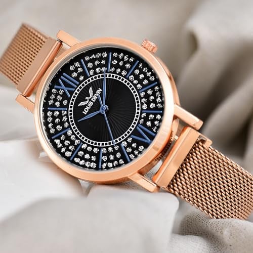 LOUIS DEVIN Rose Gold Plated Mesh Chain Analog Wrist Watch for Women (Black Dial) |LD-RG194-BLK - Image 3